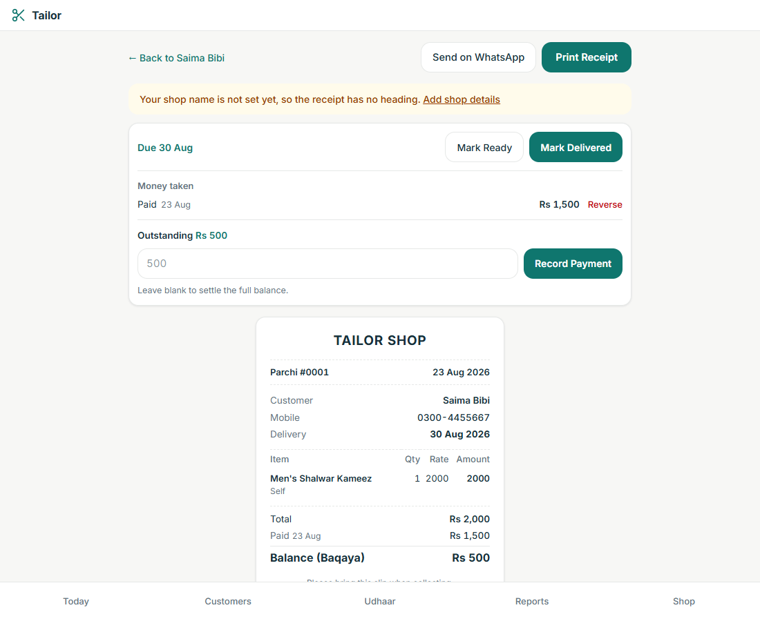 A parchi in the Tailor app with its printed slip, showing Men's Shalwar Kameez at Rs 2,000, Rs 1,500 paid and a balance, or baqaya, of Rs 500 for customer Saima Bibi.